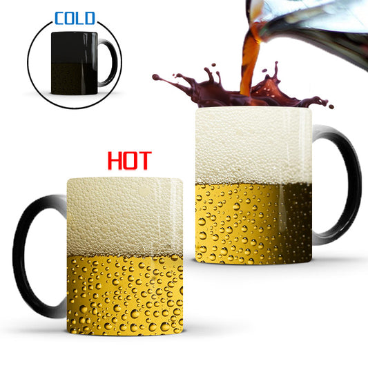 This mug is black when it has no liquid and turns into a beer jug when you pour in a hot liquid. Very fun! 
