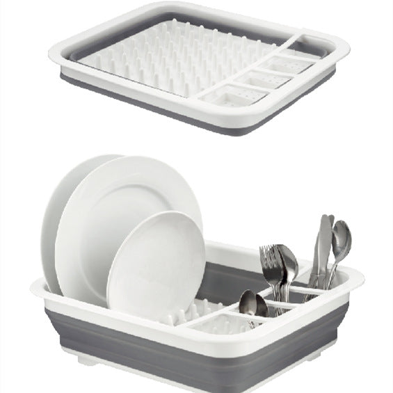 The collapsible dish draning tray has a compartment to dry your silverware