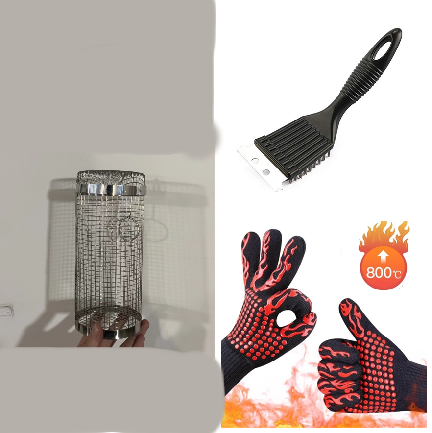 The grilling basket set includes a brush and protective gloves