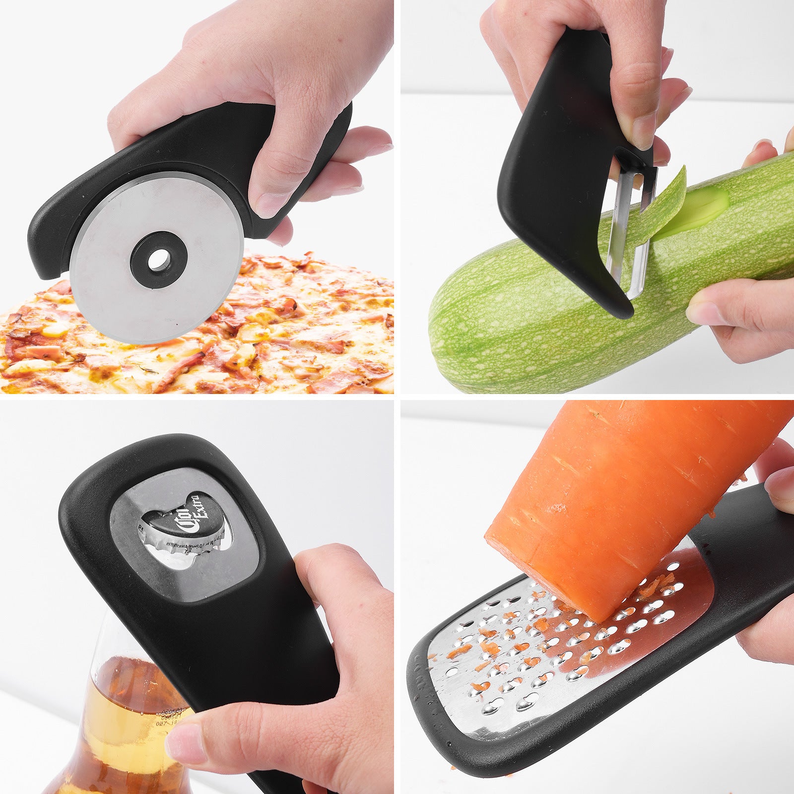 The tool set will allow you to slice pizza, peel vegetables and fruit, grate vegetables and open bottles