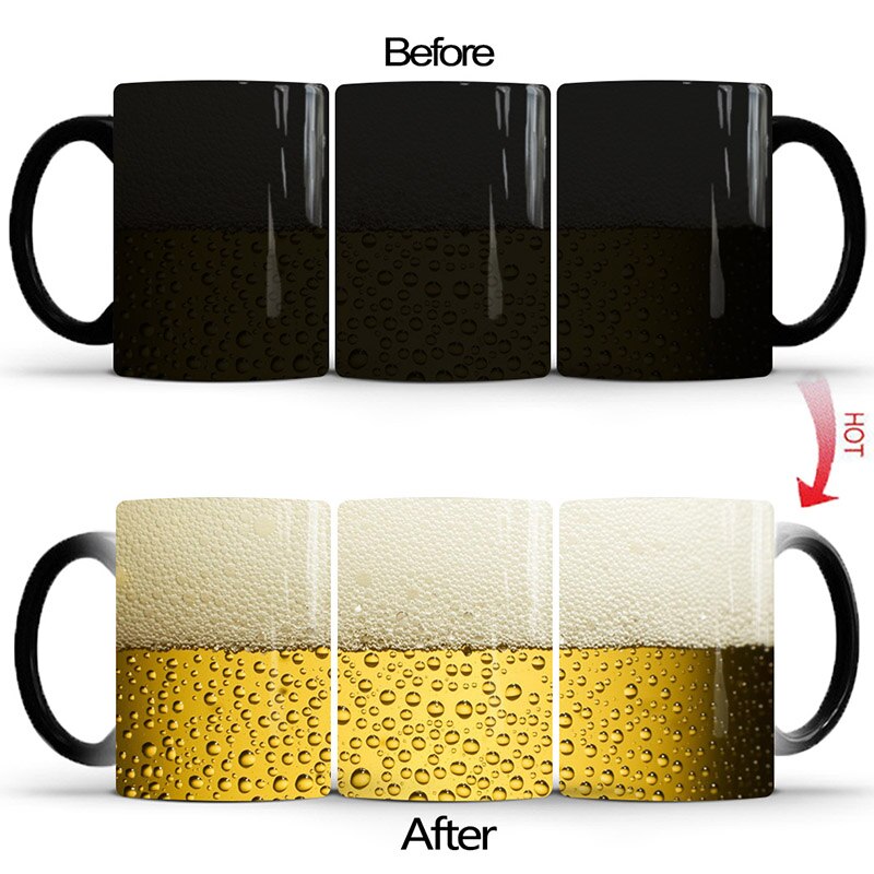 Just pour in the liquid and watch the magic. The mug will transform from black to a beer jug! 