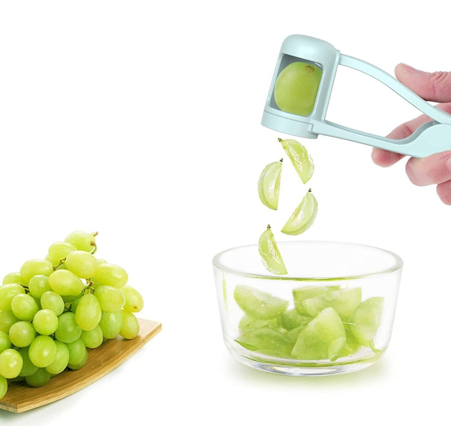 The grape cutter will quarter your grapes and cherry tomatoes easily and effortlessly