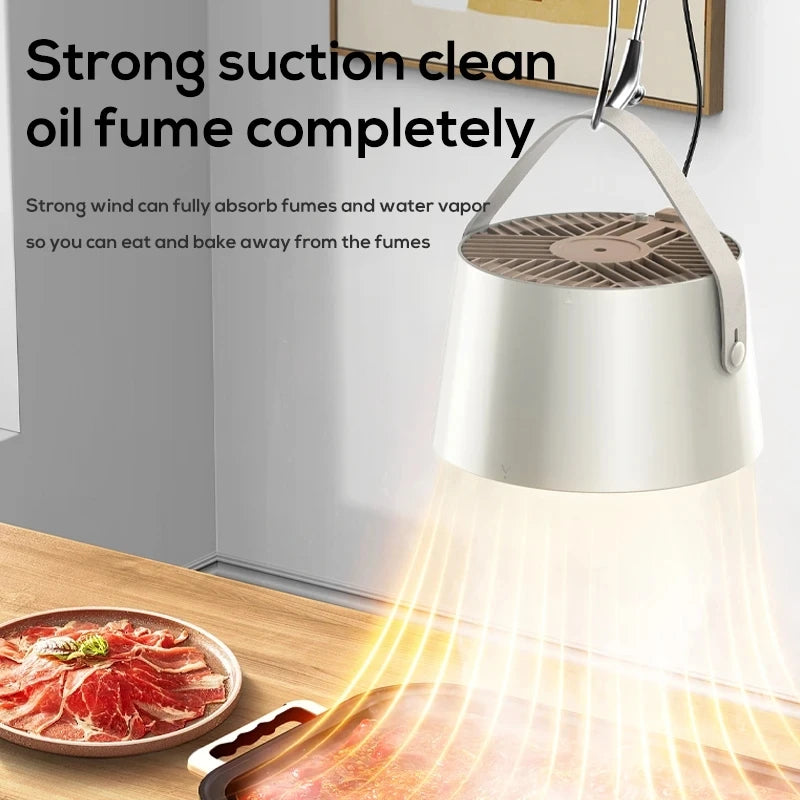 The kitchen smoke extractor can be placed on a tripod but it can also hang from a hook. 