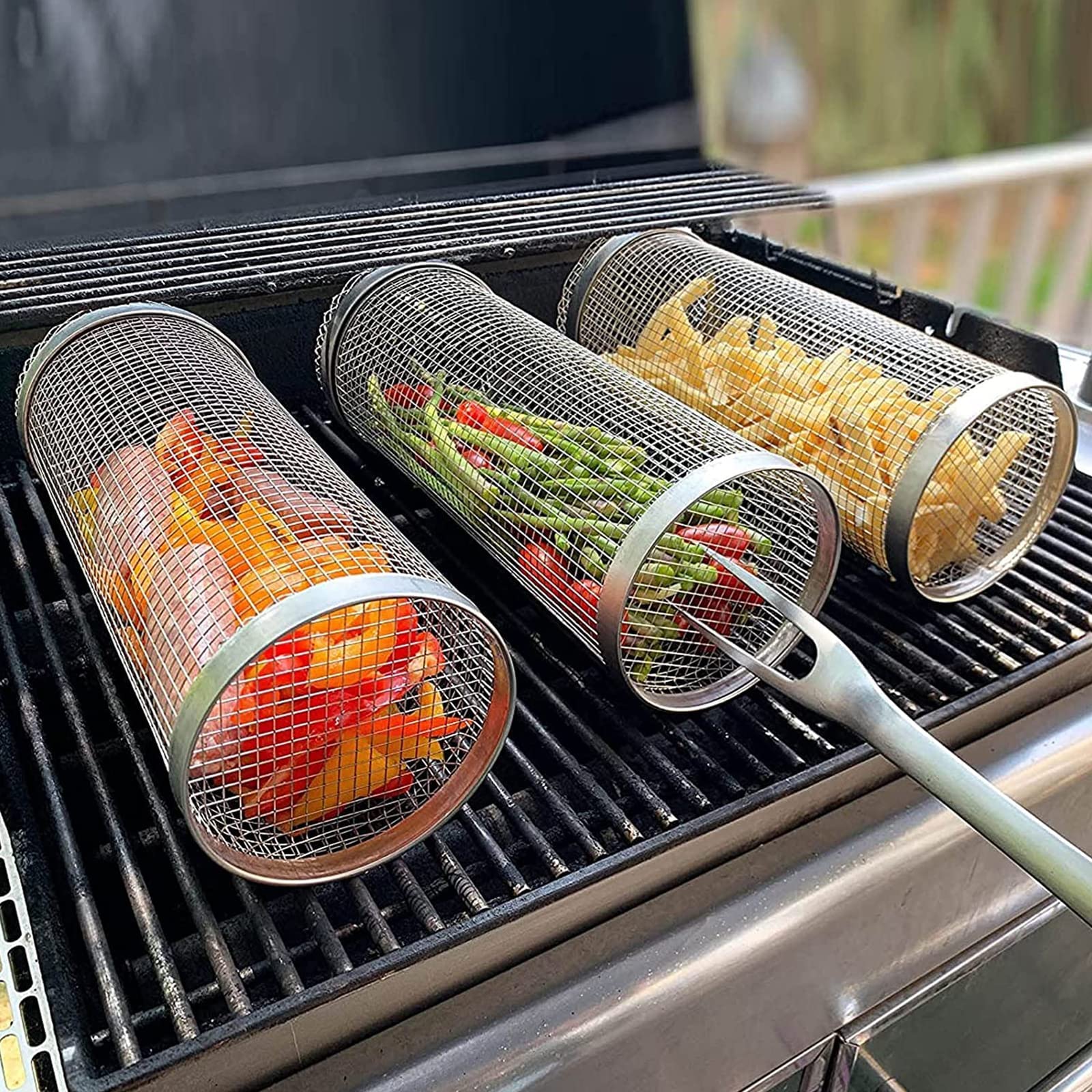 Use tongs to turn the basket regularly to grill the food evenly on all sides.